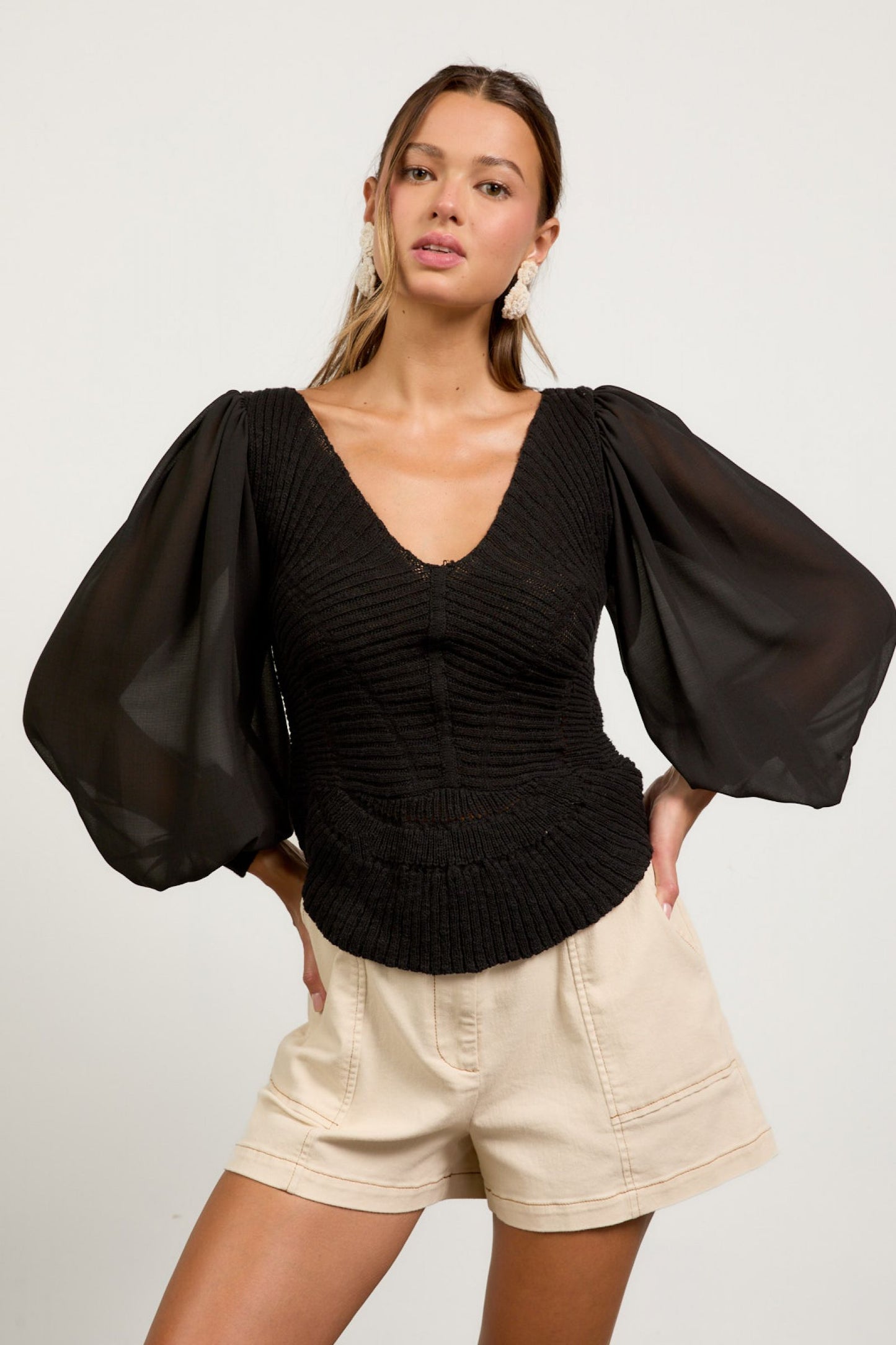 Mixed Media Sweater Top - Black