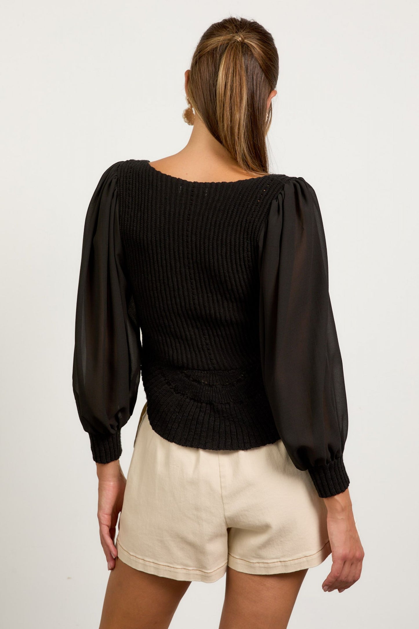 Mixed Media Sweater Top - Black