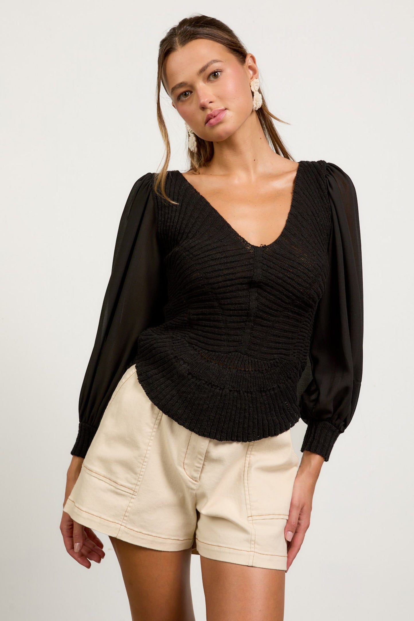 Mixed Media Sweater Top - Black