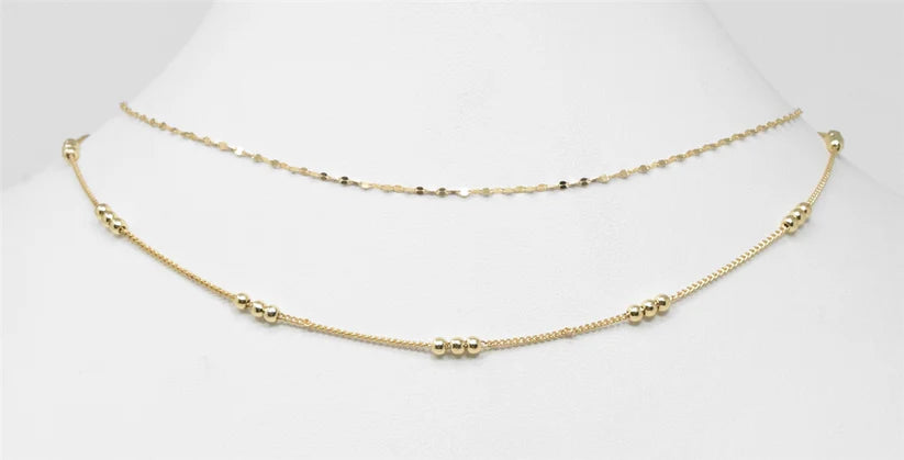 Gold Thin 2 Layered Triple Beaded Accent  Necklace