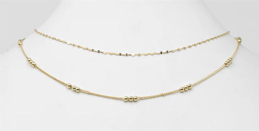 Gold Thin 2 Layered Triple Beaded Accent  Necklace