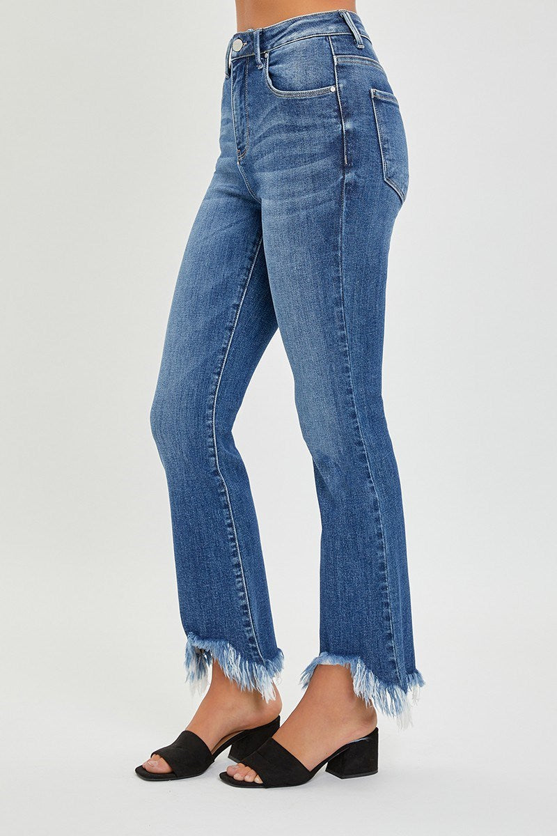 HIGH RISE FRAY HEM ANKLE BOOTCUT JEANS