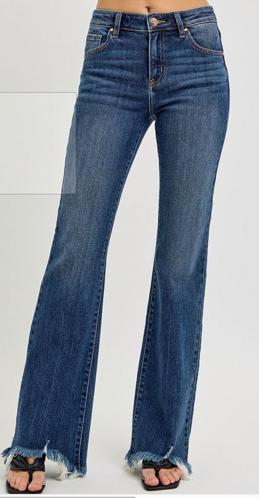 MID RISE FLARE FRAYED HEM JEANS