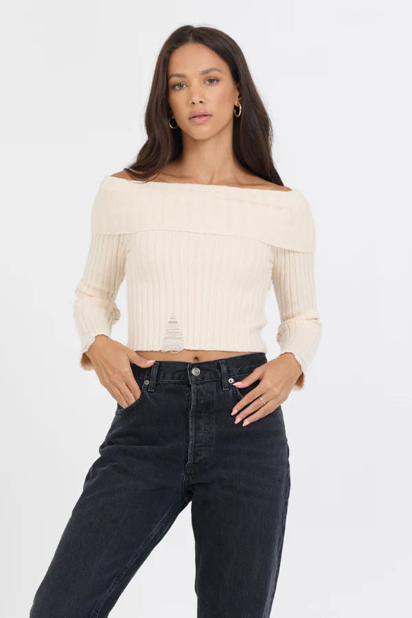 Distressed Off Shoulder Sweater