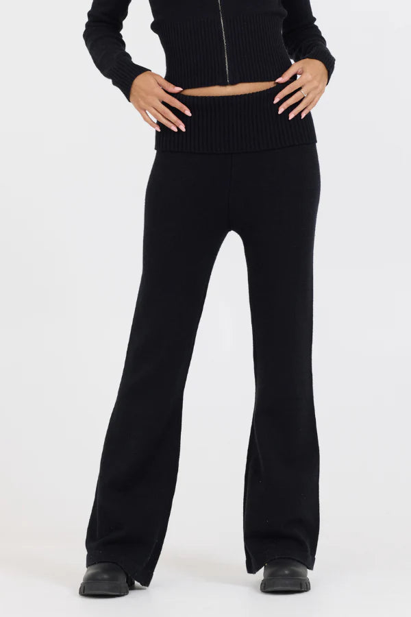 Slim Fit Knit Fold Over Flare Pant - Black