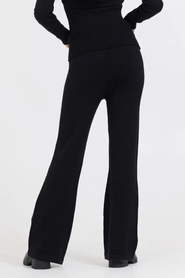 Slim Fit Knit Fold Over Flare Pant - Black