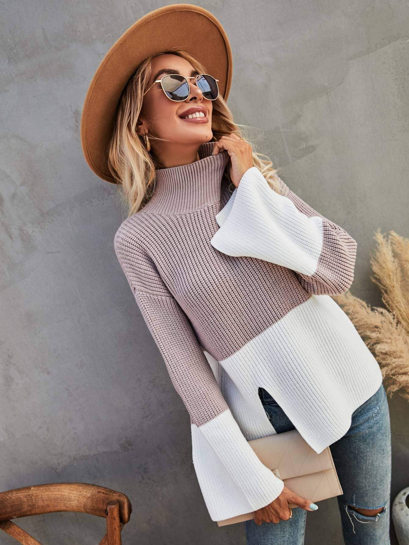 Colorblock side split high neck sweater