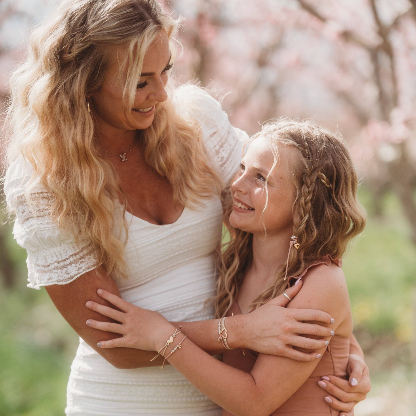 "Mother / Daughter" Pink with Pearls & Gold Hearts Shareable Hair Tie Bracelets