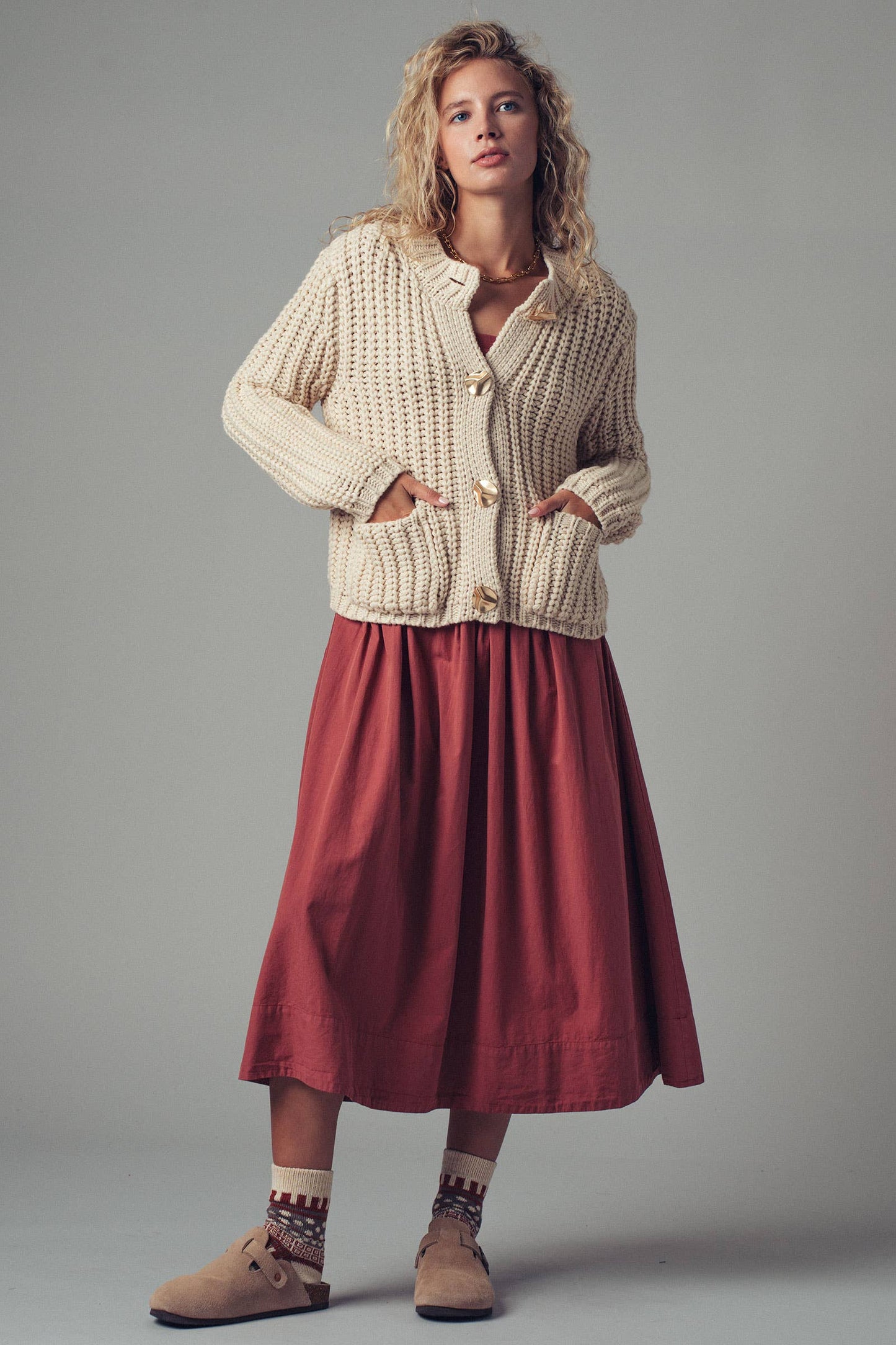 Chunky Gold Button Ribbed Knit Cardigan