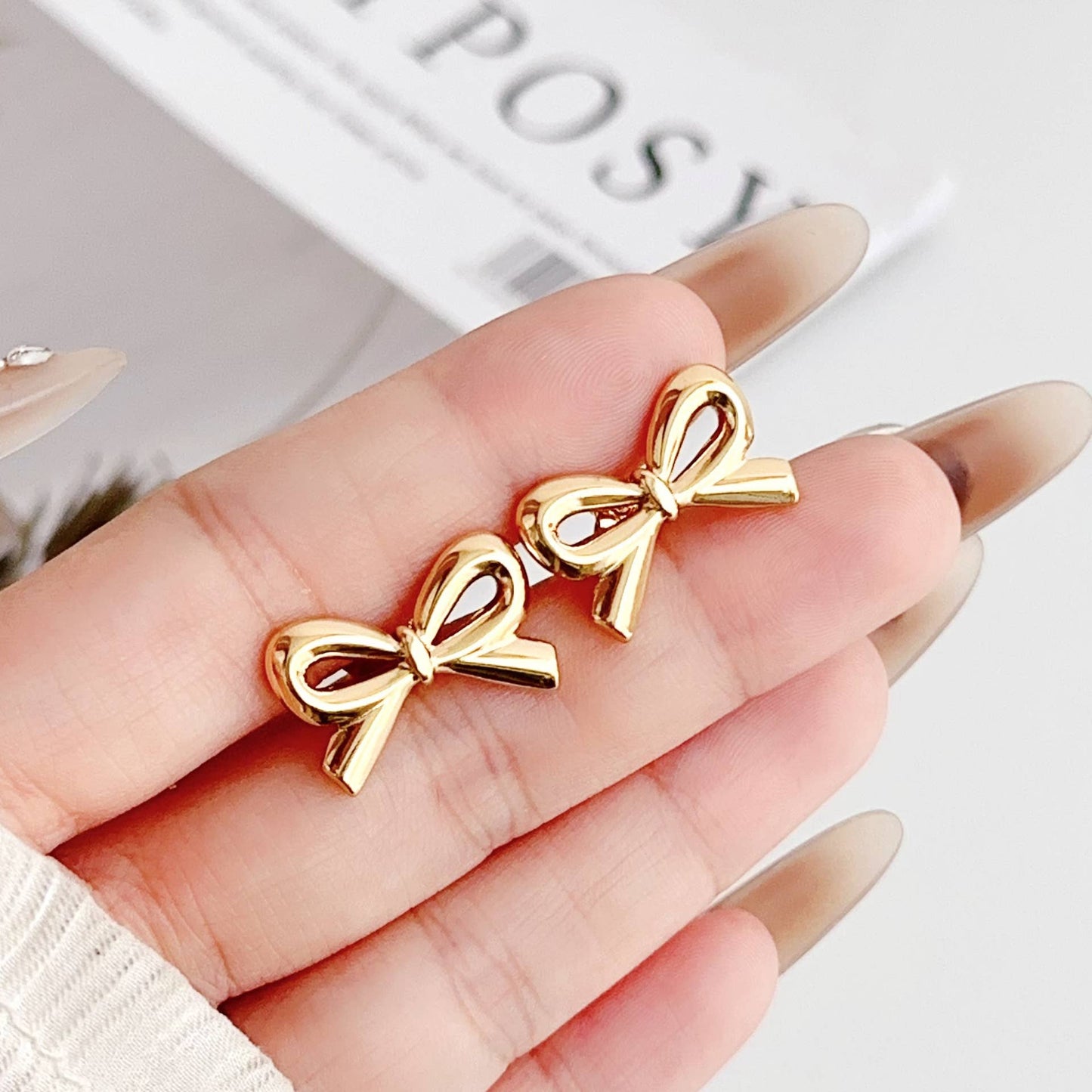 18K stainless steel tarnish free bow stud earring