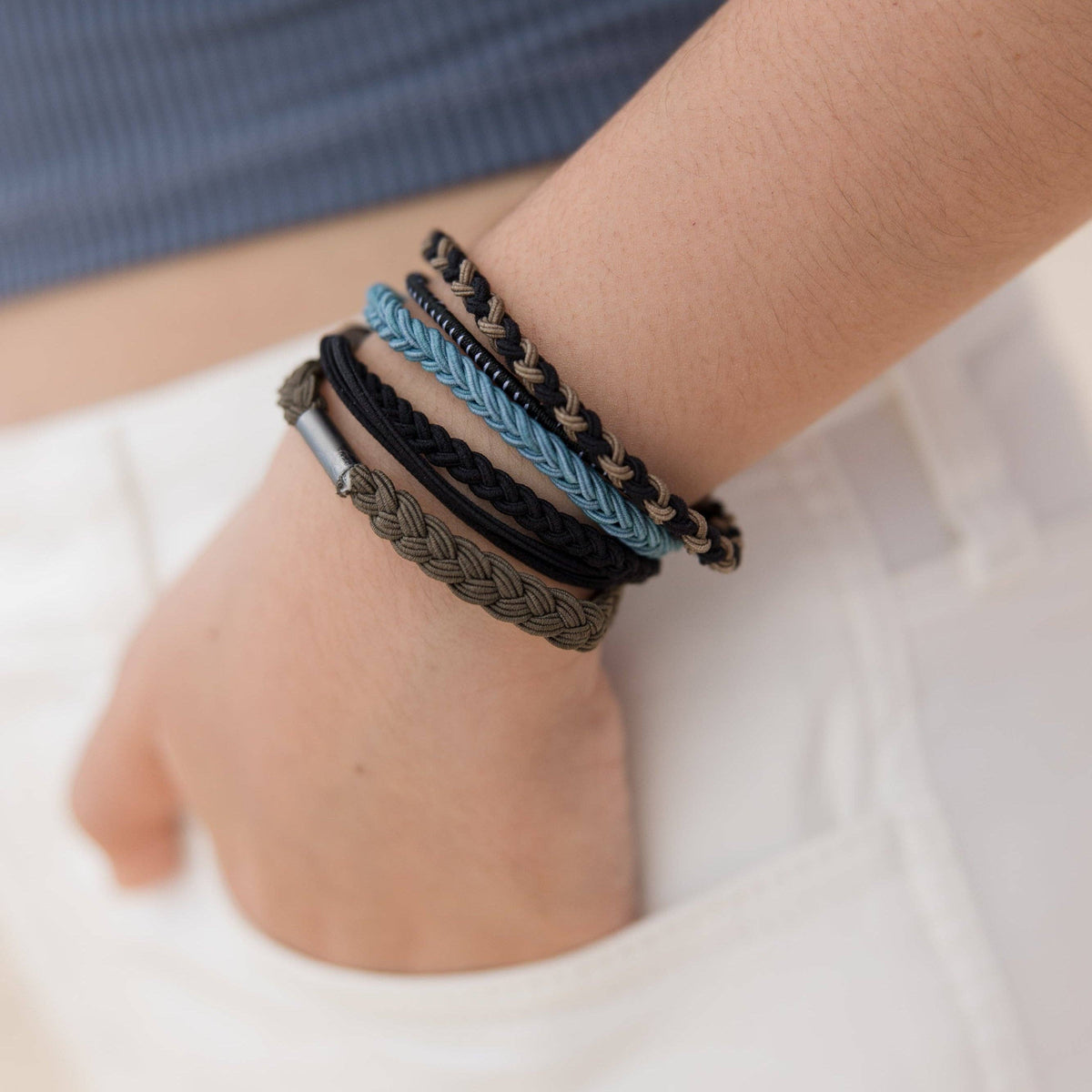 "Hustle" Solid Black, Brown & Blue Hair Tie Bracelets