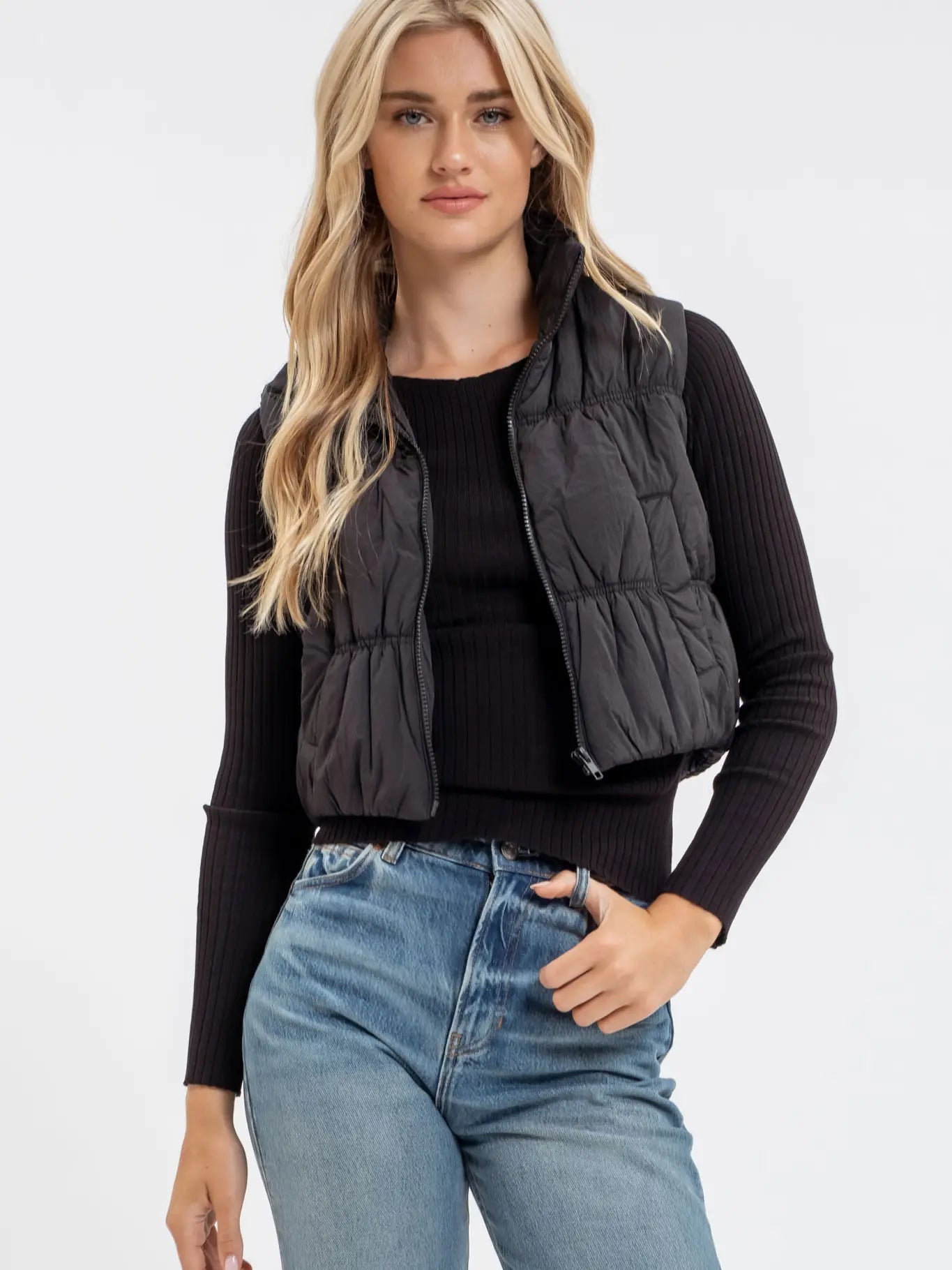 Collared Zip Up Cropped Puffer Vest