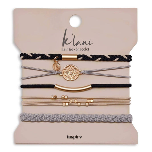 "Inspire" Grey & Black with Gold Flower Accent Hair Tie Bracelets