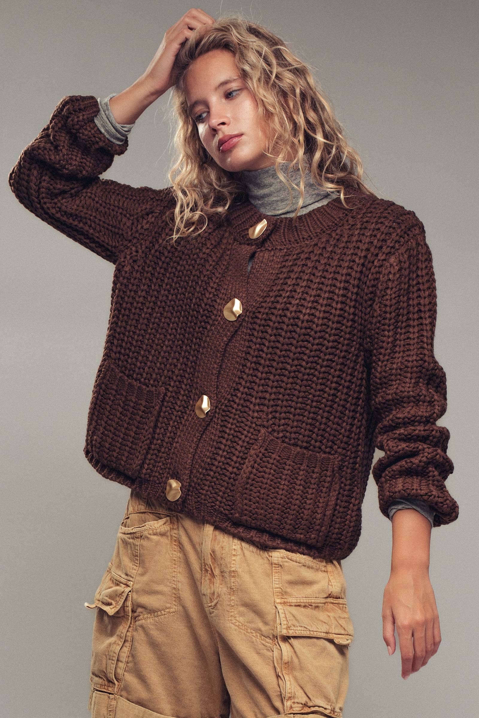 Chunky Gold Button Ribbed Knit Cardigan – La Chic Boutique