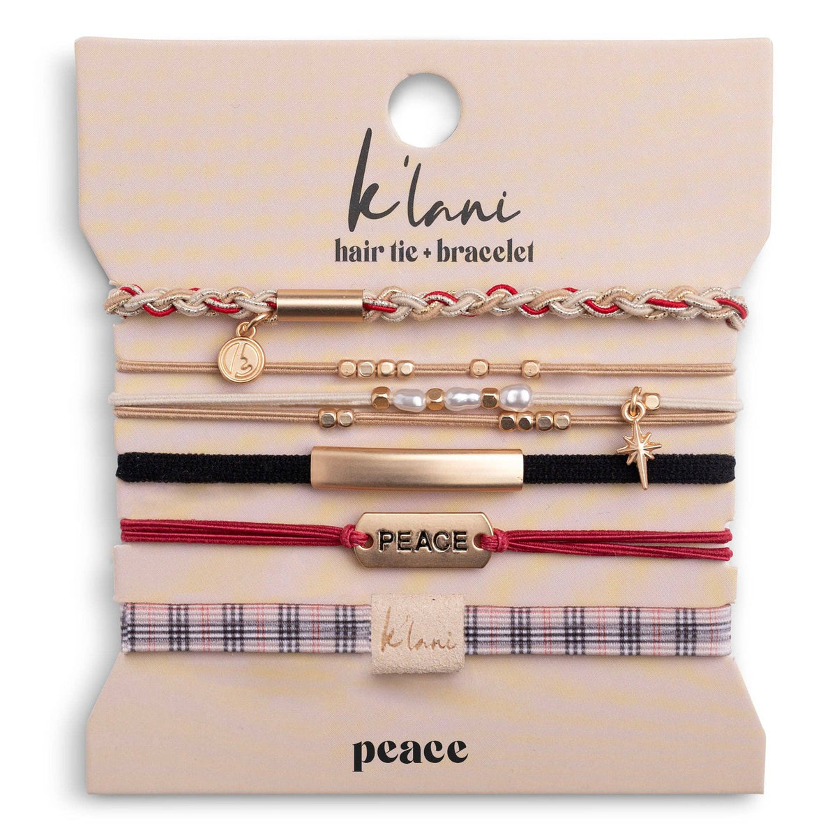 "Peace" Holiday Red & Cream Plaid with Gold Accents Hair Tie Bracelets