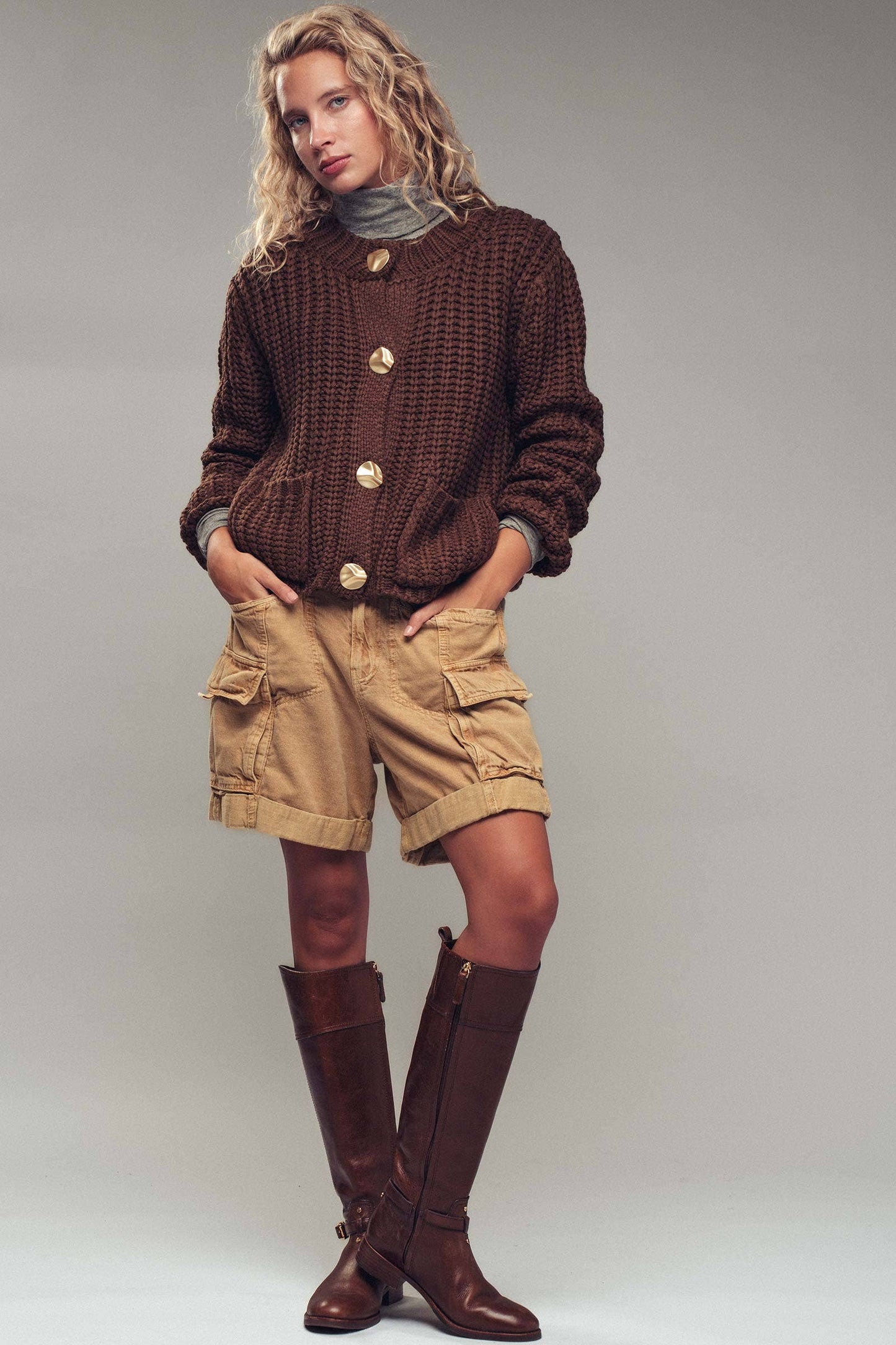 Chunky Gold Button Ribbed Knit Cardigan