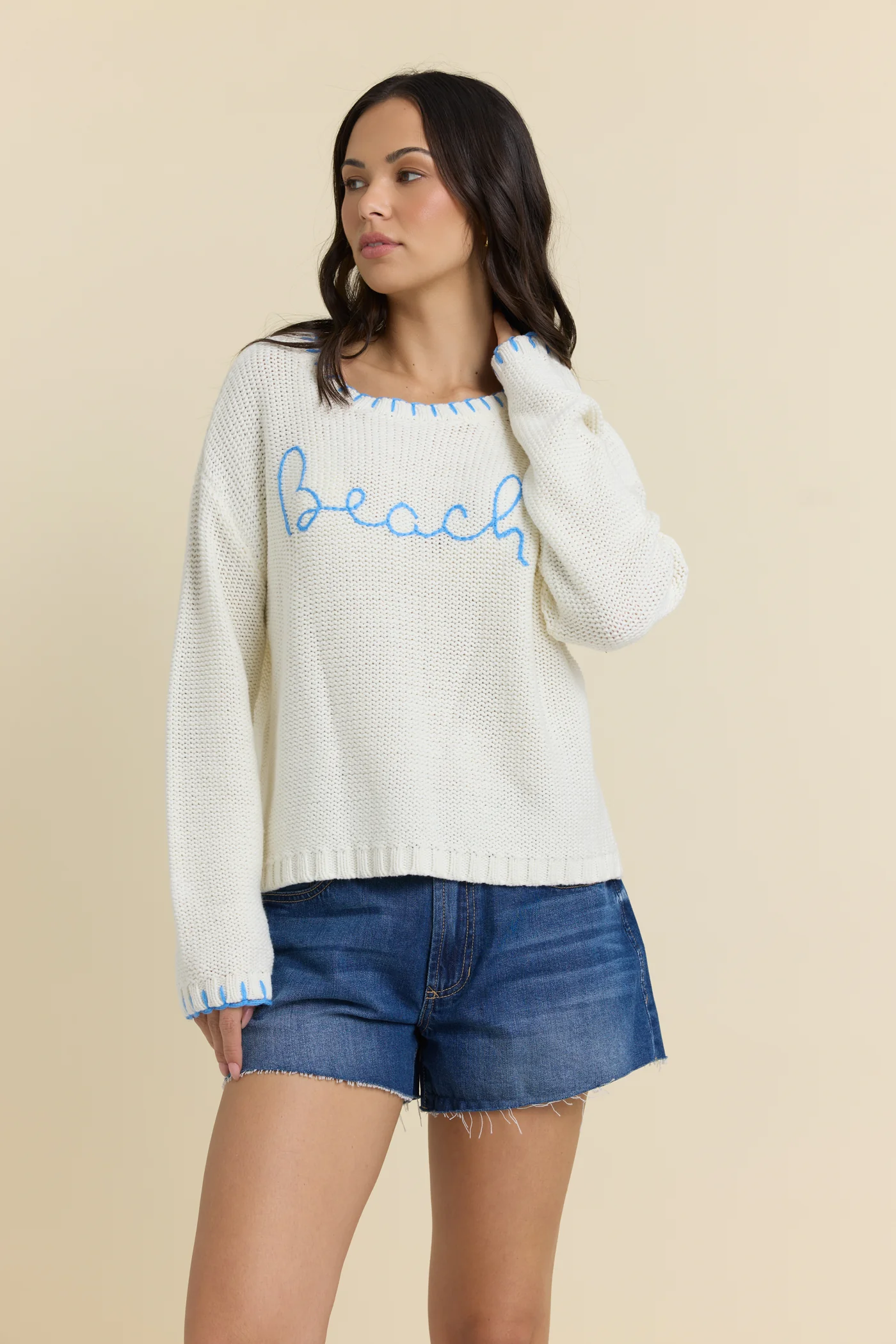 Beach with Blue Whipstitch Sweater
